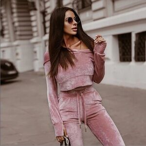 Pink velvet crop hoodie set